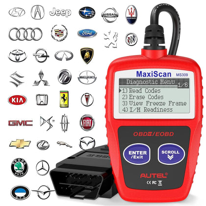Autel MS309 front view showing compact housing and buttons for quick diagnostics