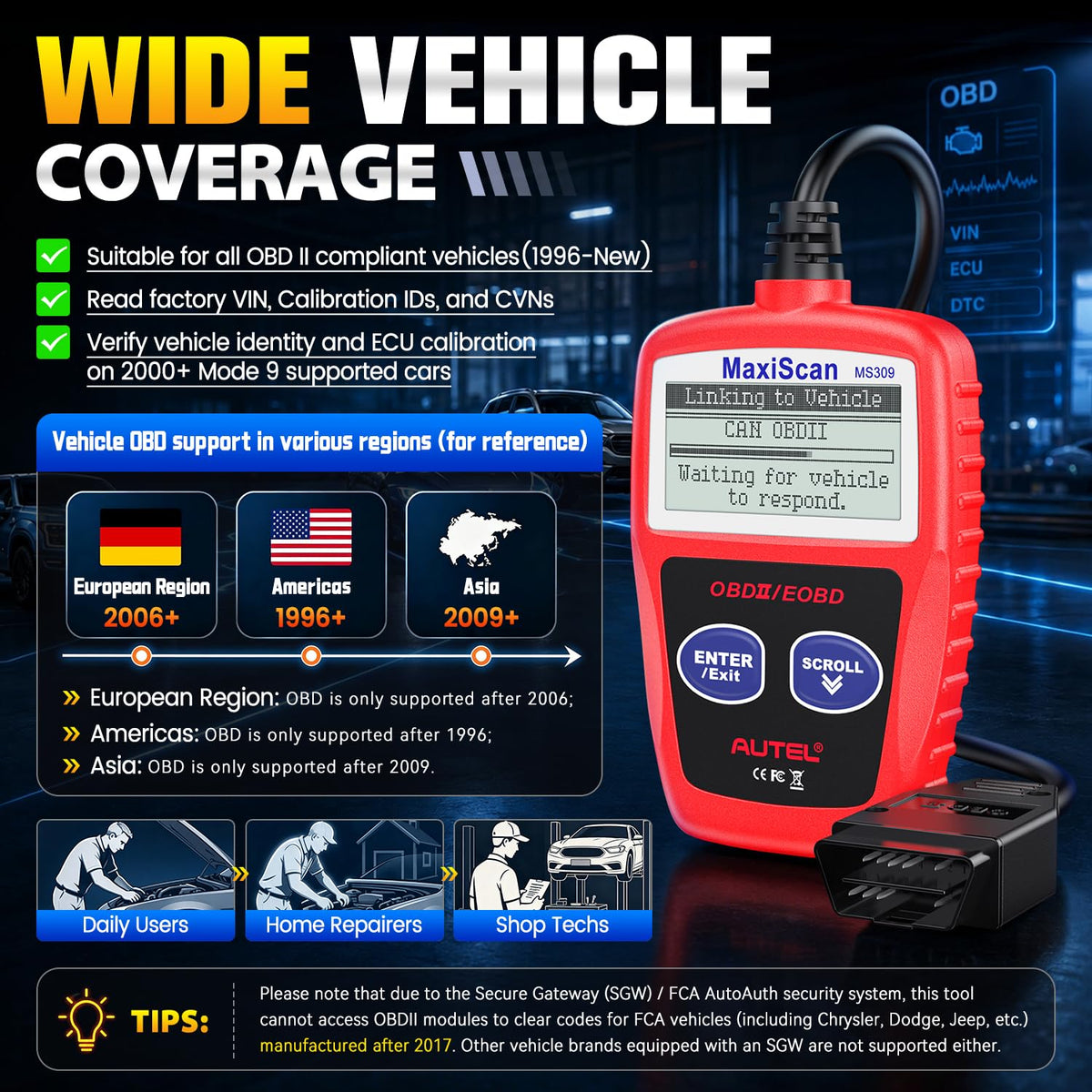 Autel MS309 packaging and manual showing included docs and warranty support