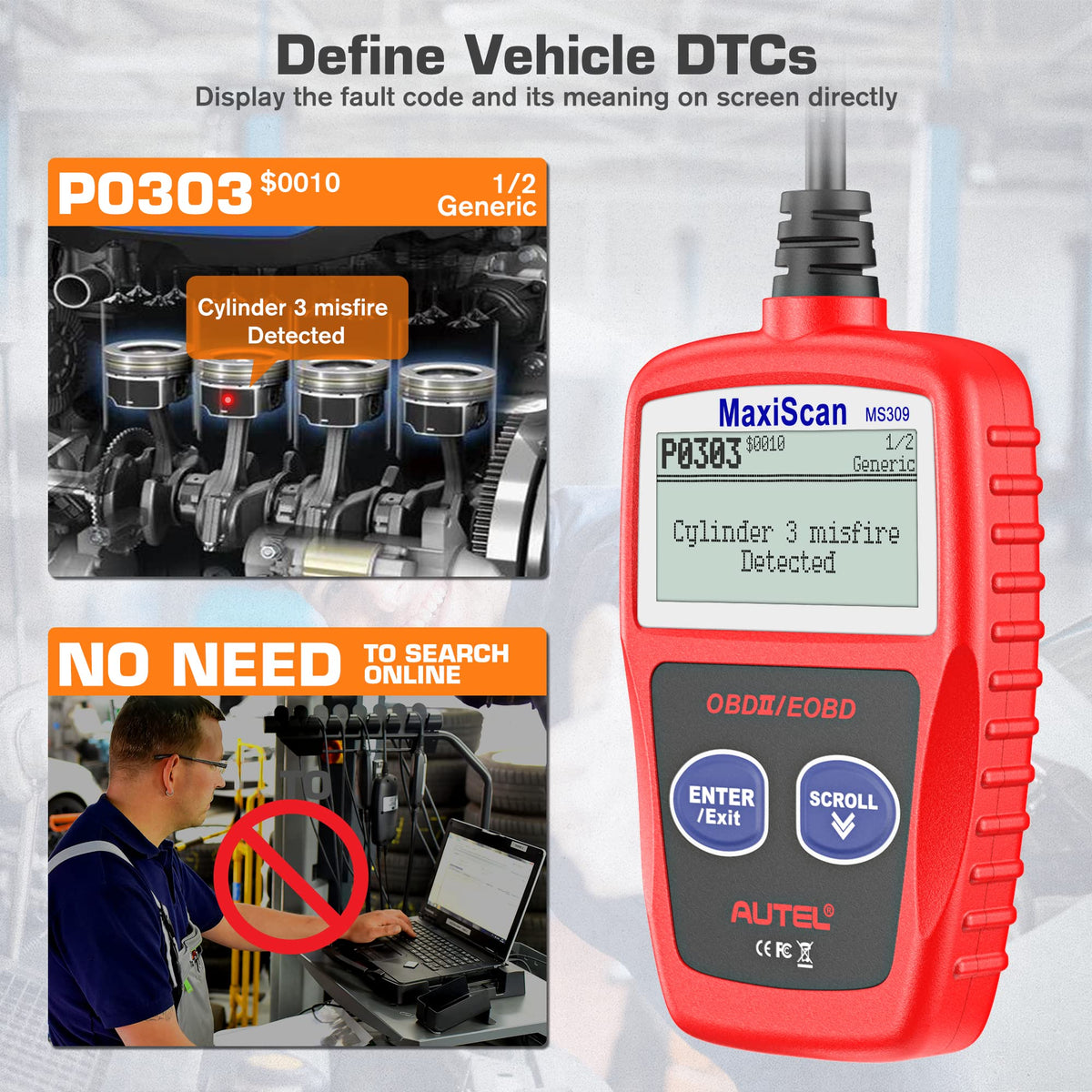 Autel MS309 plugged into car dashboard illustrating instant fault code retrieval convenience