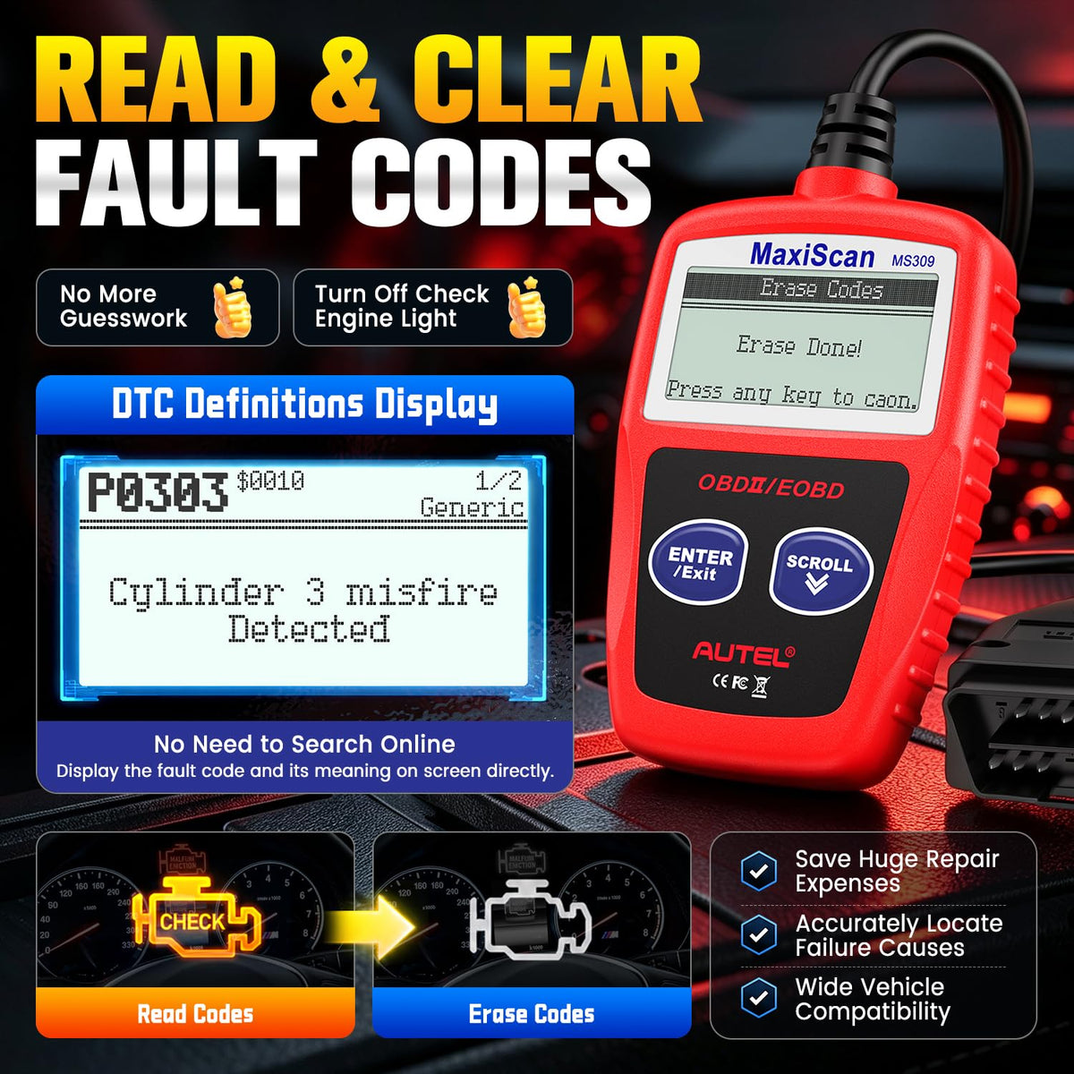 Autel MS309 screen closeup showing diagnostic trouble code and instant meaning