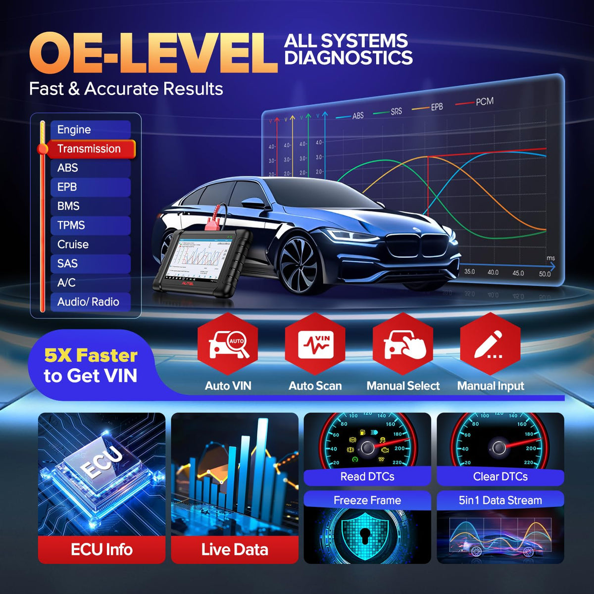 Autel MX808S service menu listing oil reset and ABS bleed, streamlined maintenance