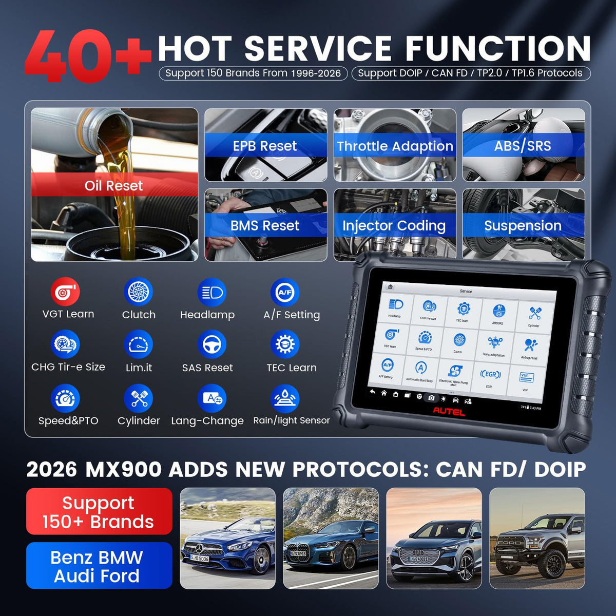 Autel MX900 service menu close-up showing available reset and relearn functions