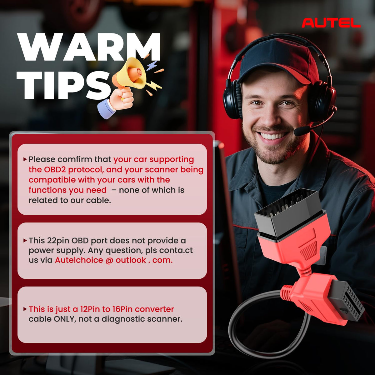 Autel side profile of adapter cable highlighting solid build and easy grip