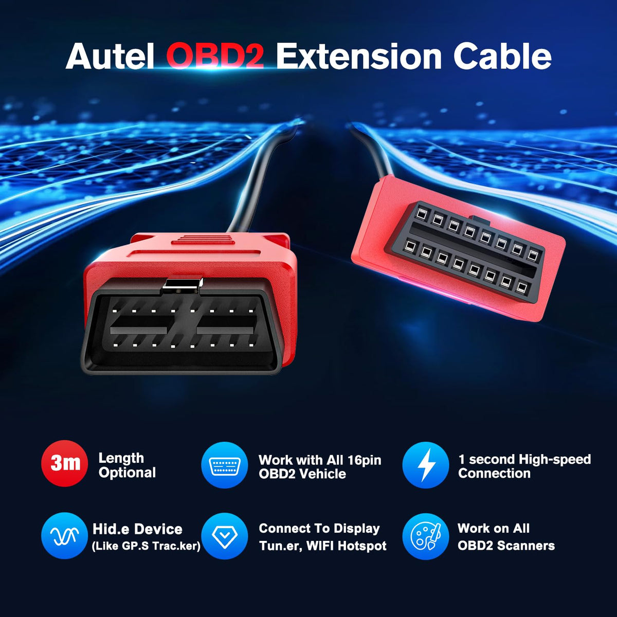 Autel full 10ft OBD2 cable laid out for visibility and flexible reach