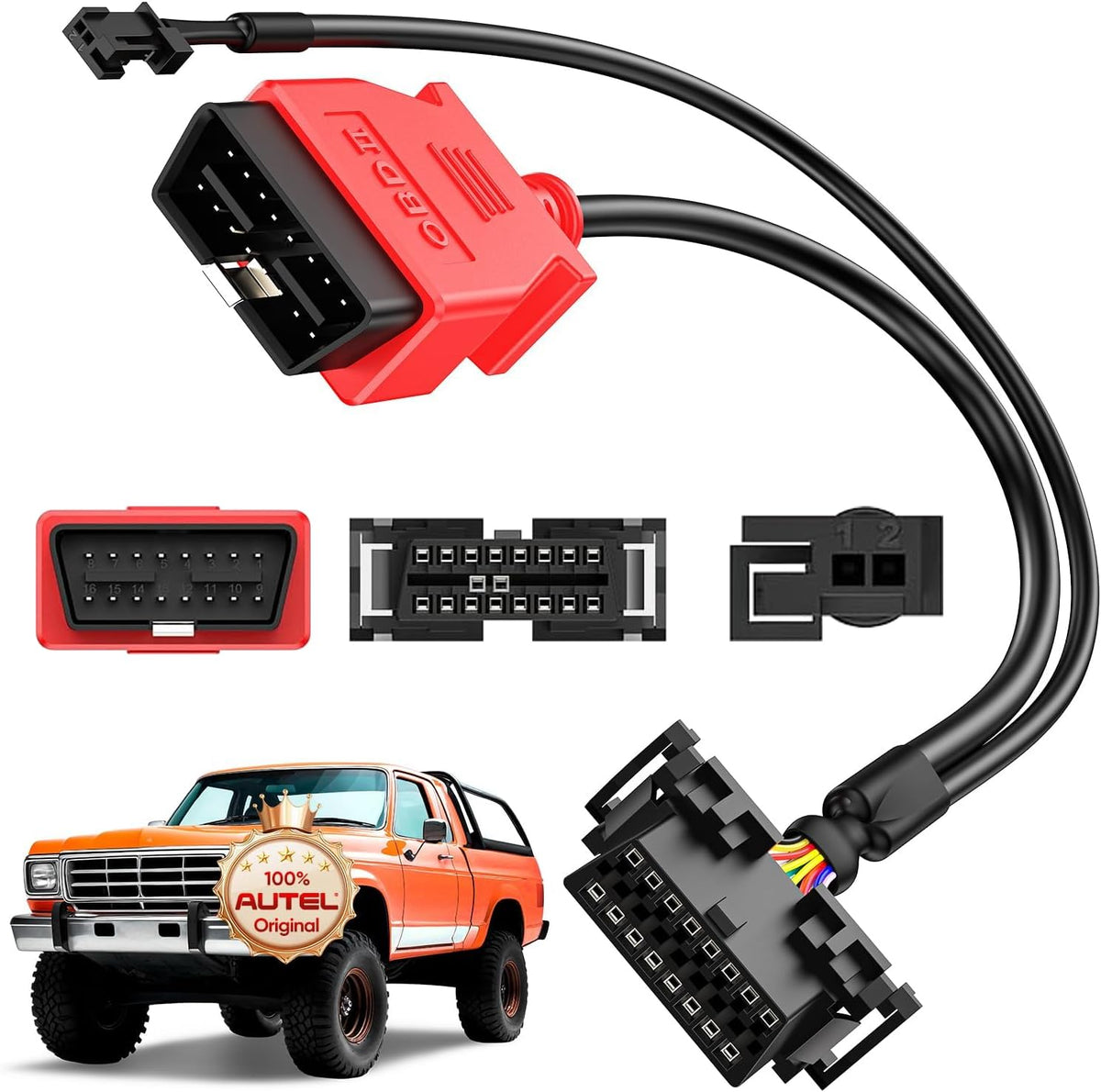 Autel front connector showing 16‑pin plug and quick secure fit benefit
