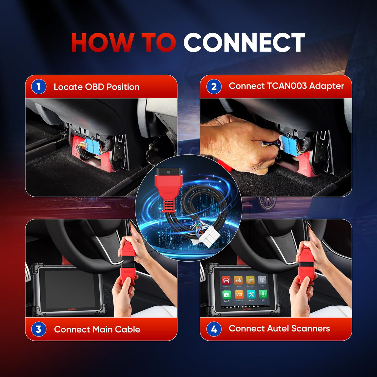 Autel TCAN003 flexible cable length showing durable routing and strain relief