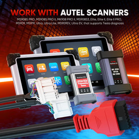 Autel TCAN003 connected under center console for accurate Tesla diagnostics