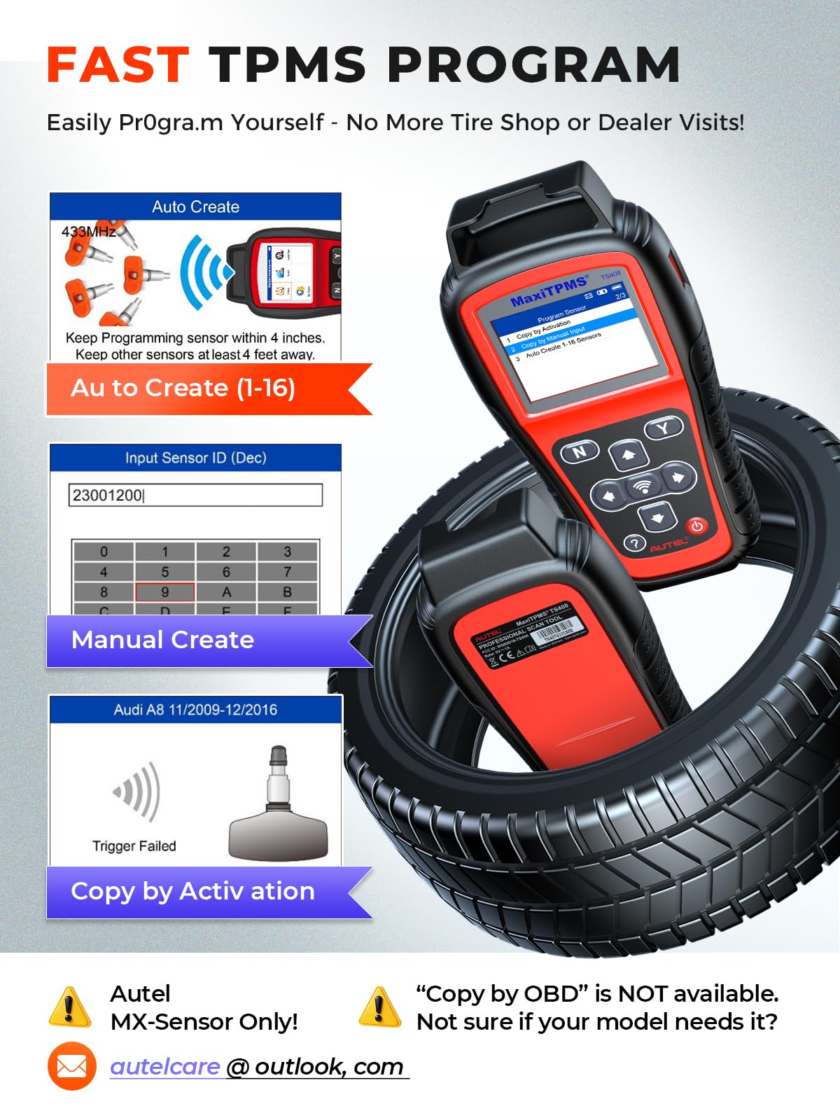 Technician using Autel TS408 on a tire for guided relearn and accurate setup