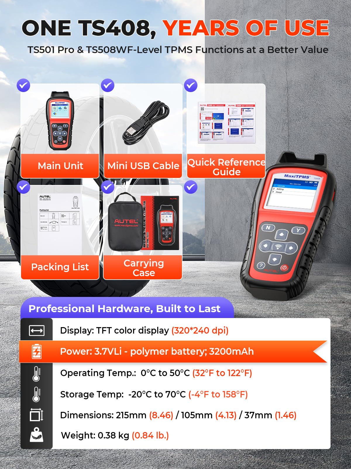 Autel TS408 with box and cables displaying included accessories and kit readiness