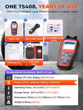 Autel TS408 with box and cables displaying included accessories and kit readiness