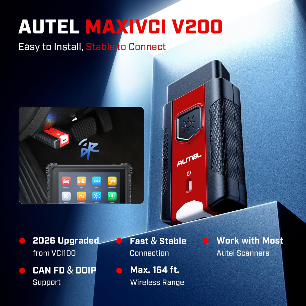 Autel V200 label and ports visible, showing protocols and easy setup benefit