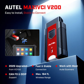 Autel V200 label and ports visible, showing protocols and easy setup benefit