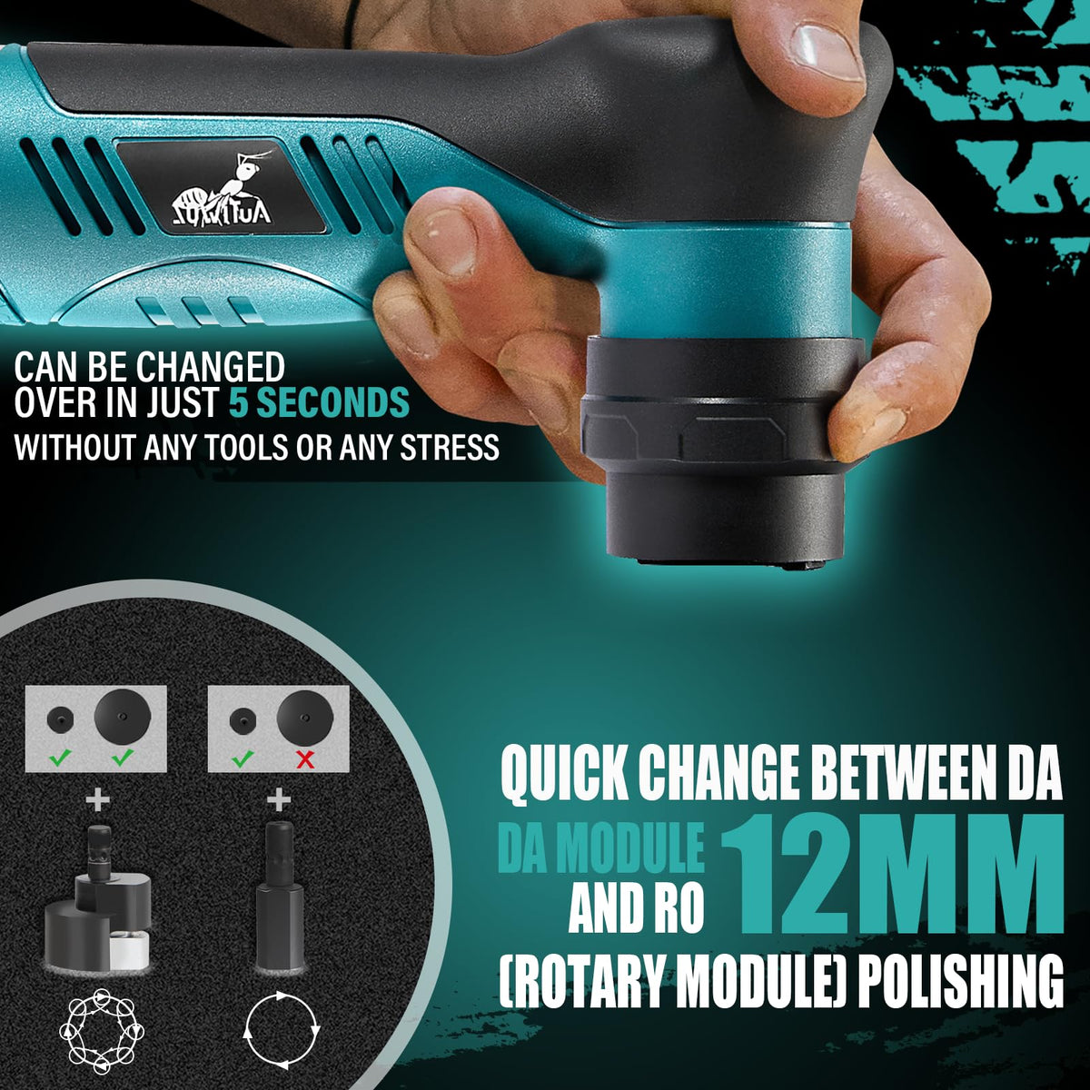 AUTIWOZ orbital drive closeup highlighting quick-change mechanism and safer finishing