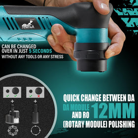 AUTIWOZ orbital drive closeup highlighting quick-change mechanism and safer finishing
