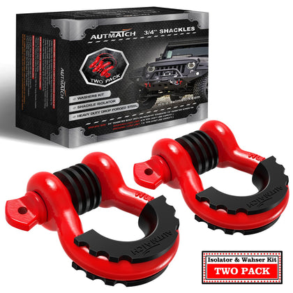 AUTMATCH front view of two red D-ring shackles showing kit and size benefit
