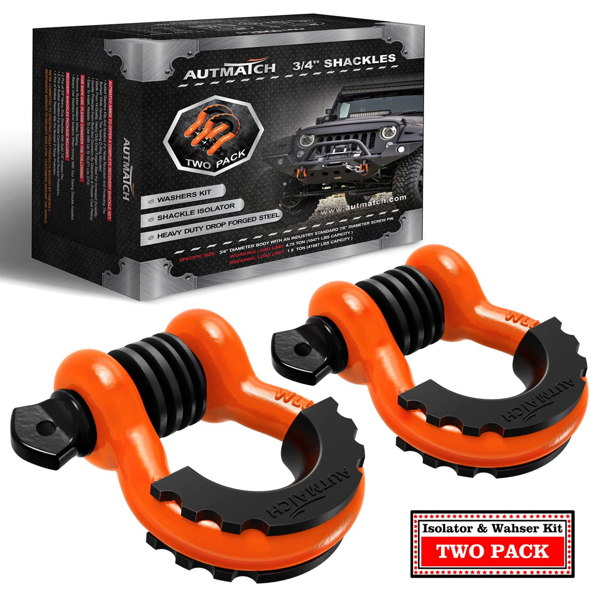 AUTMATCH front view two-pack showing durable shackles and packaging for reliable towing