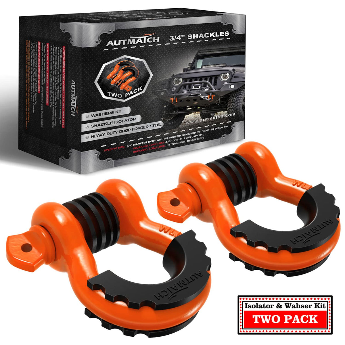 AUTMATCH front view of two D ring shackles showing robust build and clear labeling