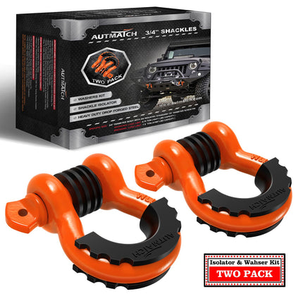 AUTMATCH front view of two D ring shackles showing robust build and clear labeling