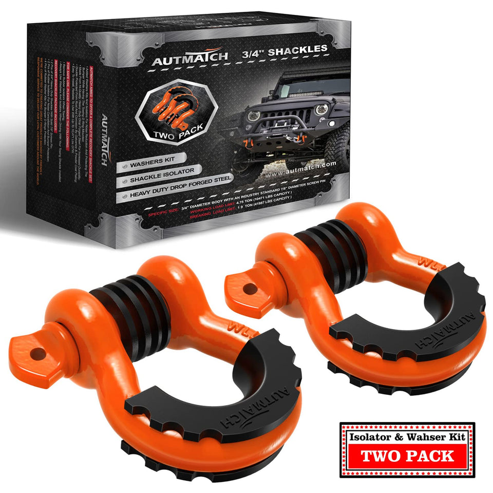AUTMATCH front view of two D ring shackles showing robust build and clear labeling