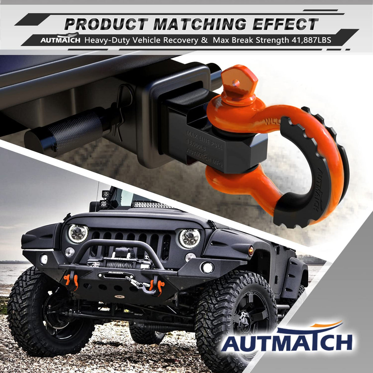 AUTMATCH shackles connected to recovery strap in off-road setting, enabling safe vehicle recovery