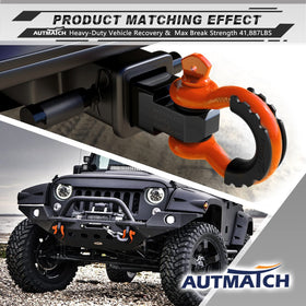 AUTMATCH shackles connected to recovery strap in off-road setting, enabling safe vehicle recovery