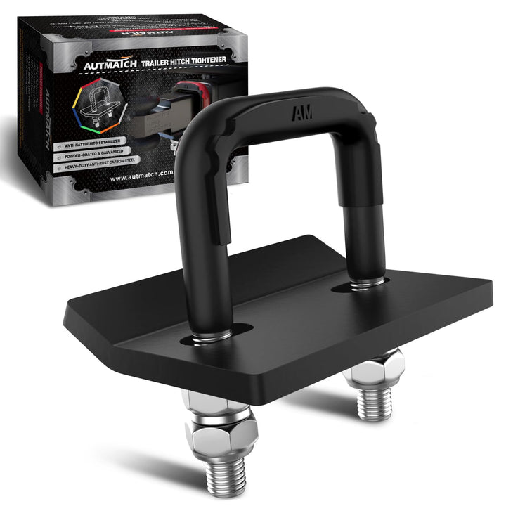 AUTMATCH front view of hitch tightener showing durable forged-steel construction and benefit of stability