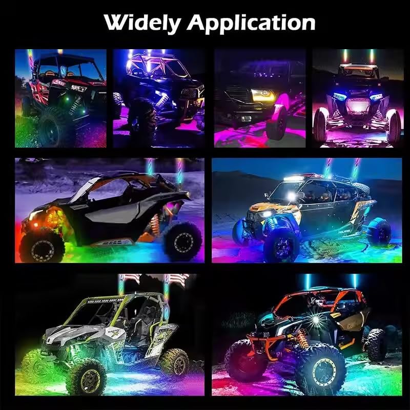 Autmens whips mounted on a UTV at night emphasizing stronger roadside presence