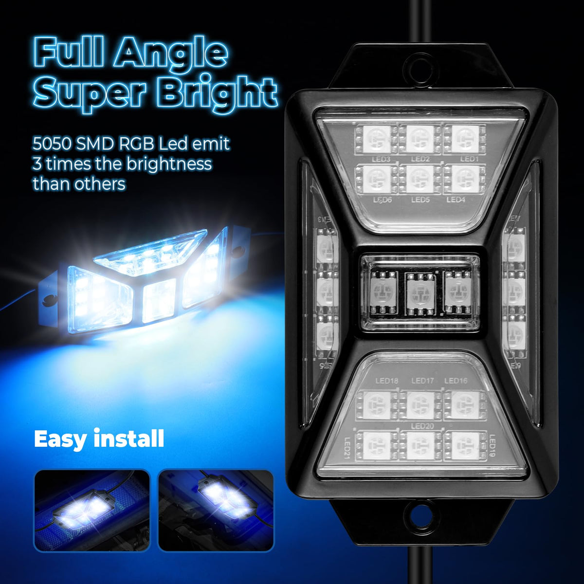 Auto Buero close-up of 5-sided LED module highlighting brighter 360-degree coverage benefit