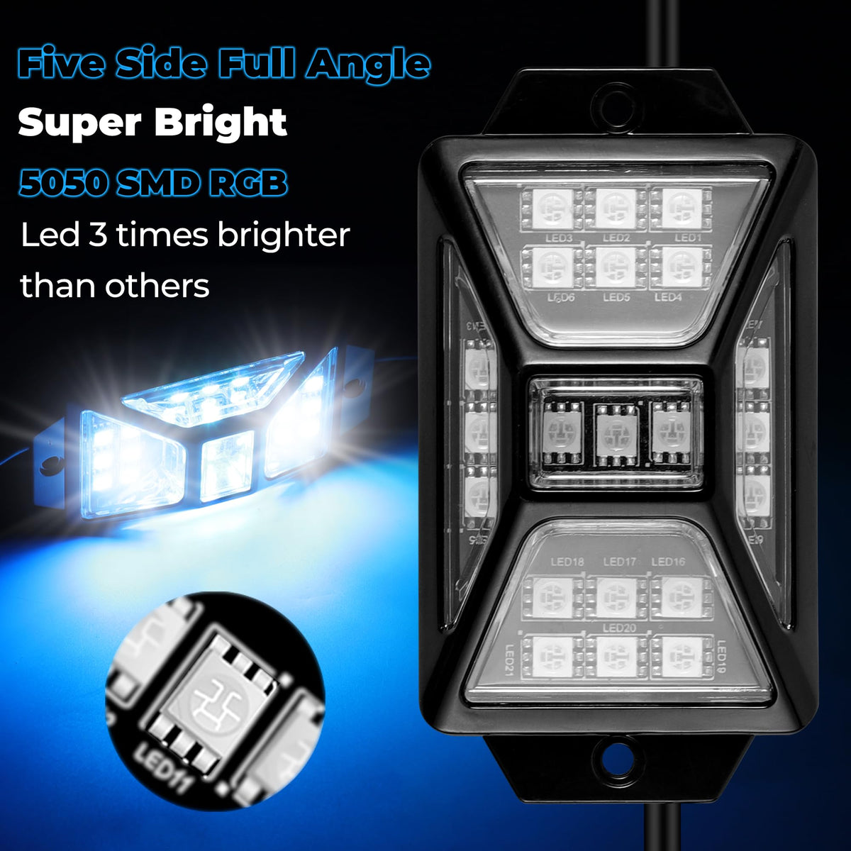 Auto Buero close-up of five-sided LED array highlighting brightness and uniform lighting
