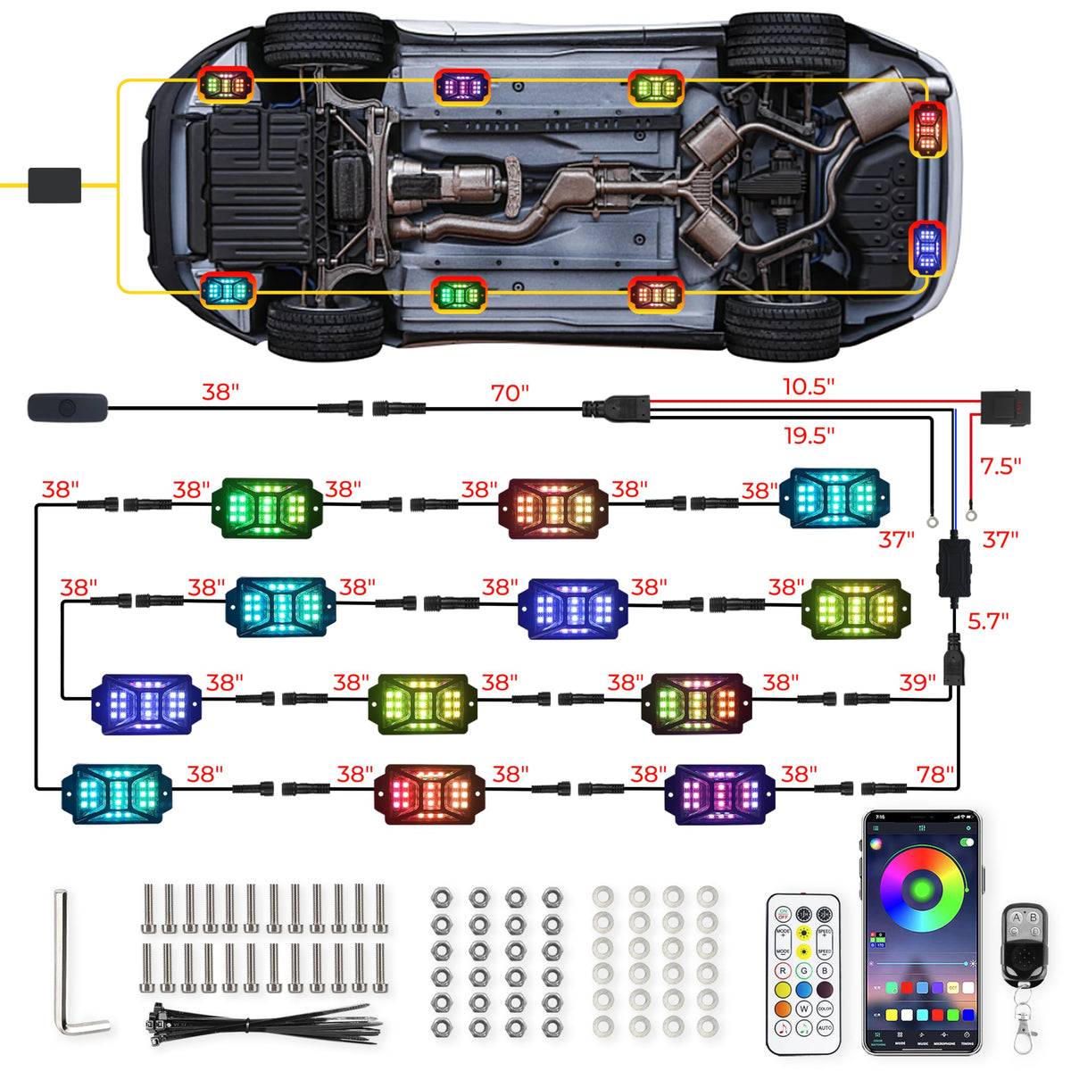 Auto Buero lifestyle night ride with colorful underglow enhancing appearance and safety