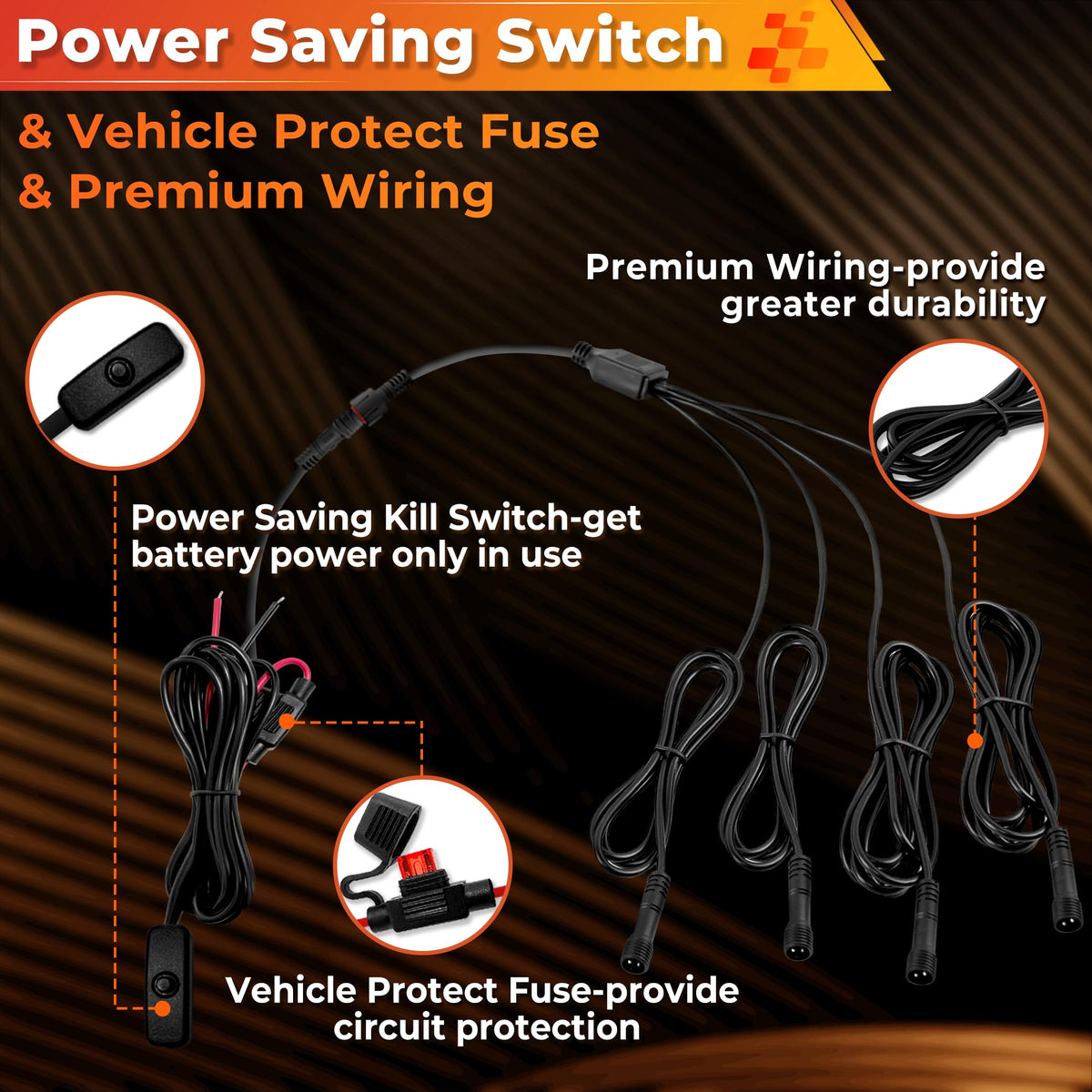 Auto Buero wiring harness with switch and splitters for tidy, plug-and-play connections