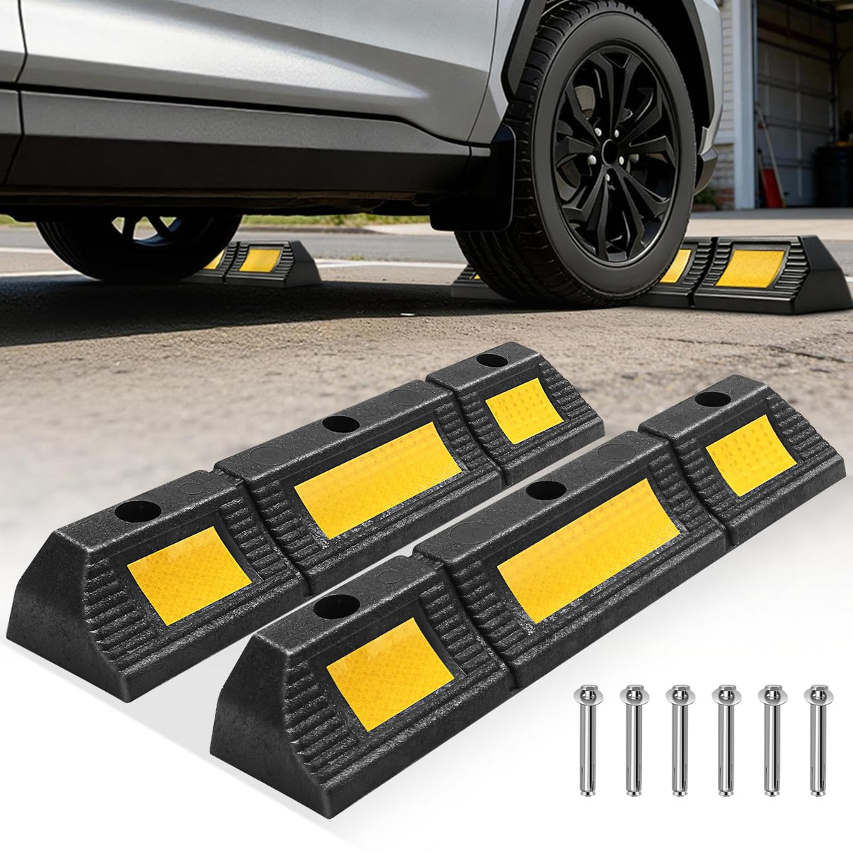 Auto Dynasty front view of two parking stoppers showing shape and safety strip