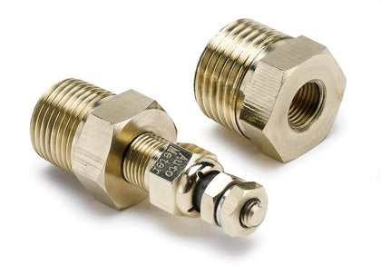 Auto Meter sender front view showing threaded body and adapters for easy fitment
