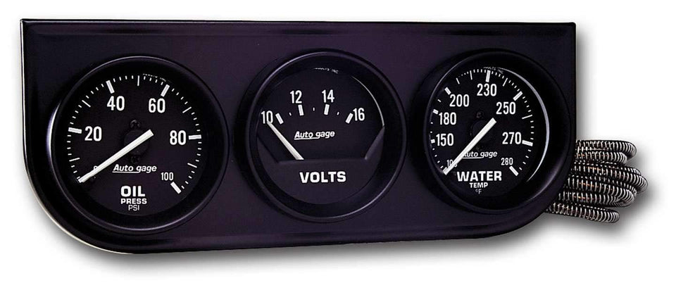 AUTO METER 2397 front view showing black dial and bezel, clear readings