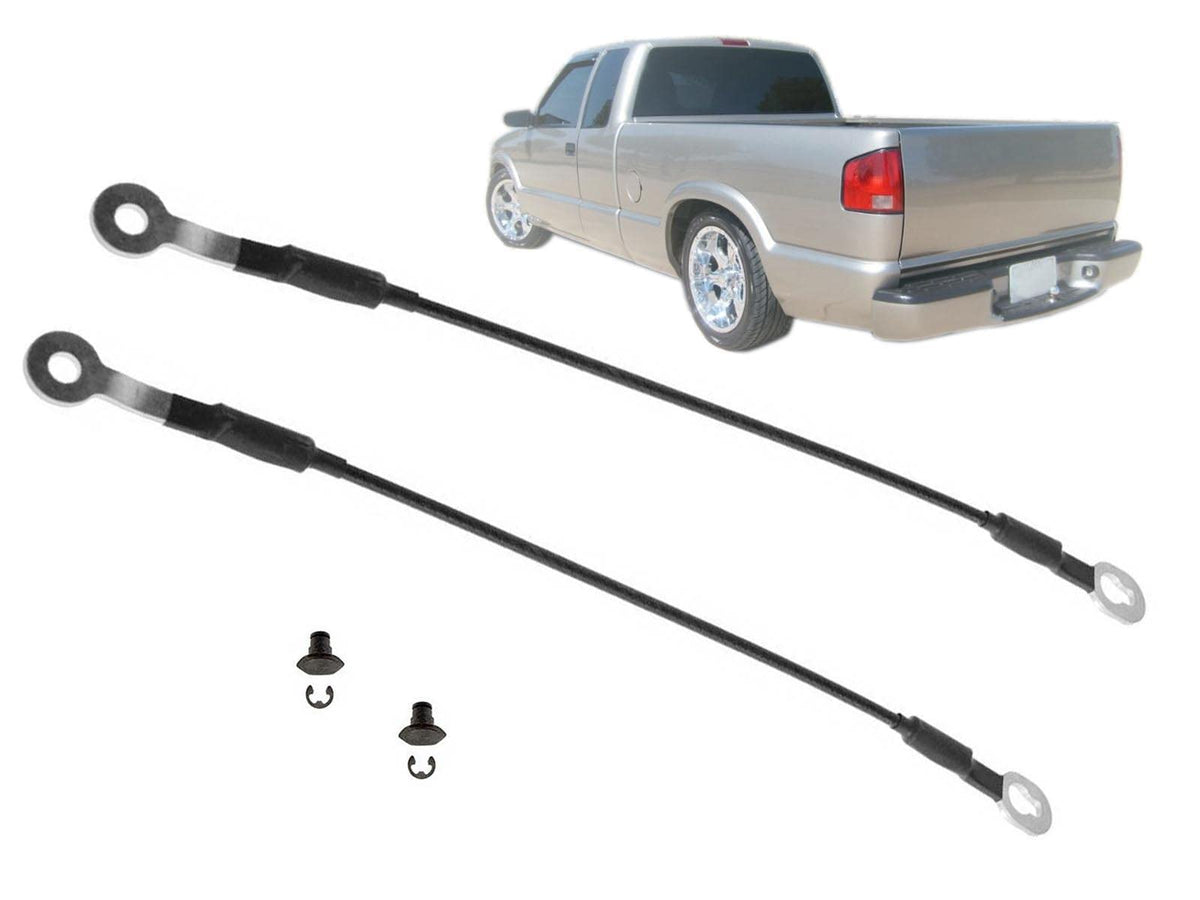 Auto Parts Avenue front-packaging showing pair of tailgate cables and hardware, clear fit confirmation