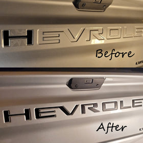 Auto Safety letters installed on Silverado tailgate demonstrating stealthy aesthetic