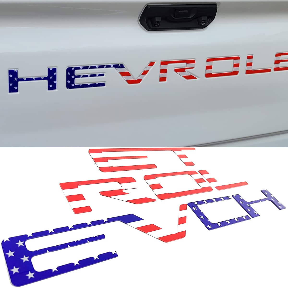 Auto safety front view of 3D tailgate letters showing clean fit and bold flag detail for style