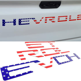 Auto safety front view of 3D tailgate letters showing clean fit and bold flag detail for style