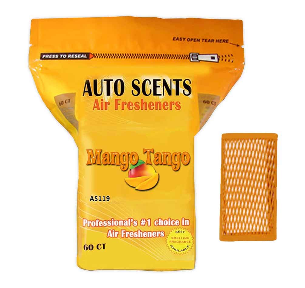Auto Scents front packaging showing 60 mango tango pads and long-lasting freshness