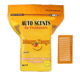 Auto Scents front packaging showing 60 mango tango pads and long-lasting freshness
