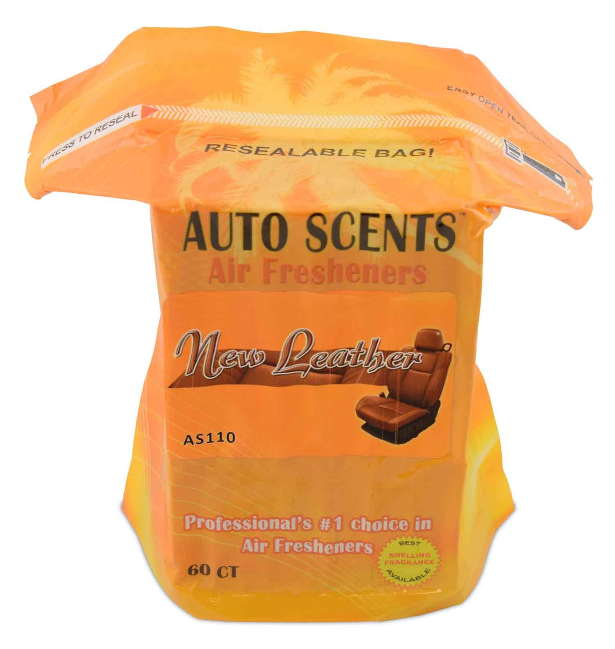 Auto Scents front packaging showing 60 new leather scent pads for long-lasting freshness