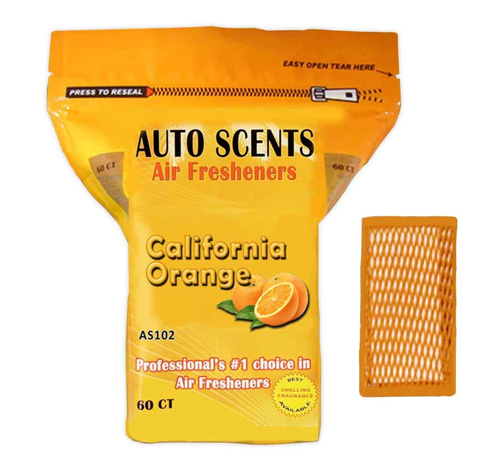 Auto Scents front packaging showing 60 pads and bright California orange scent benefits