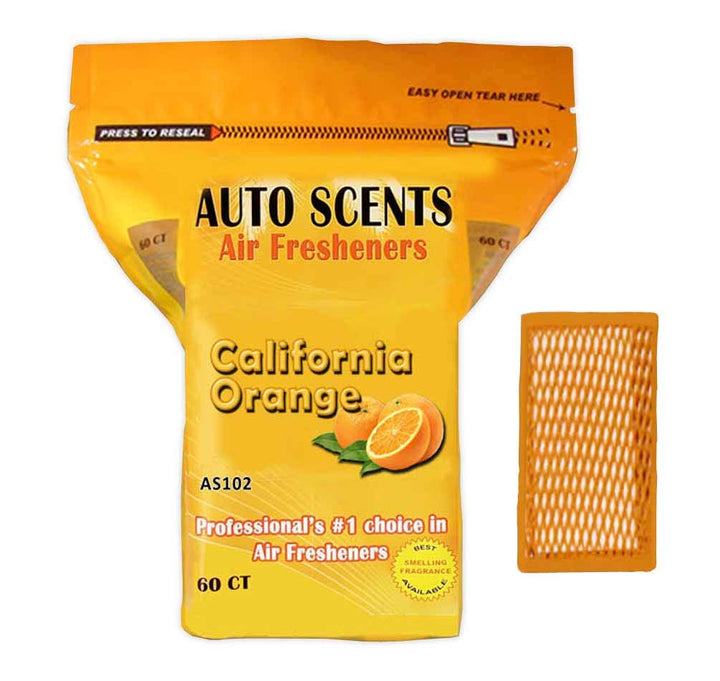 Auto Scents front packaging showing 60 pads and bright California orange scent benefits