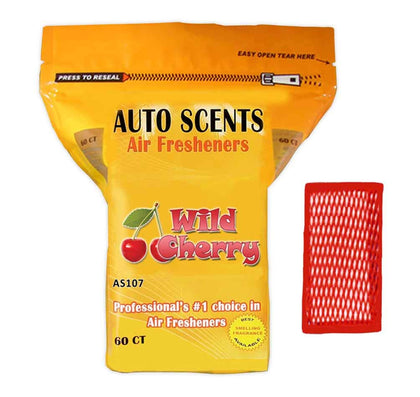 Auto Scents front packaging showing 60 pads and bold wild cherry scent benefit