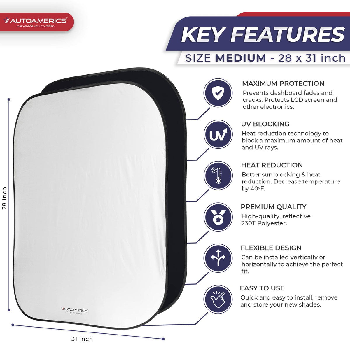 AUTOAMERICS close-up of silver reflective material showing heat-blocking surface benefit