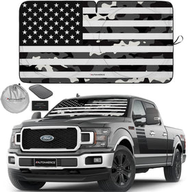 AUTOAMERICS front view showing B&W camo USA flag and full windshield coverage benefit