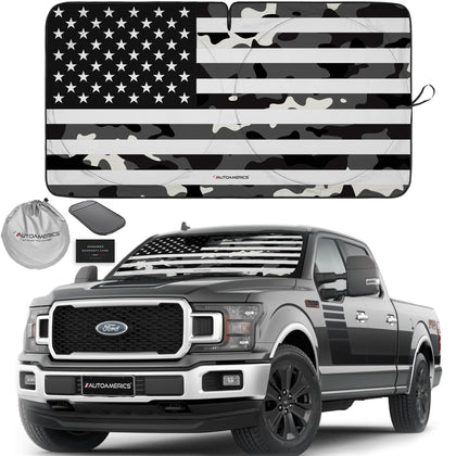 AUTOAMERICS front view showing B&W camo USA flag and full windshield coverage benefit
