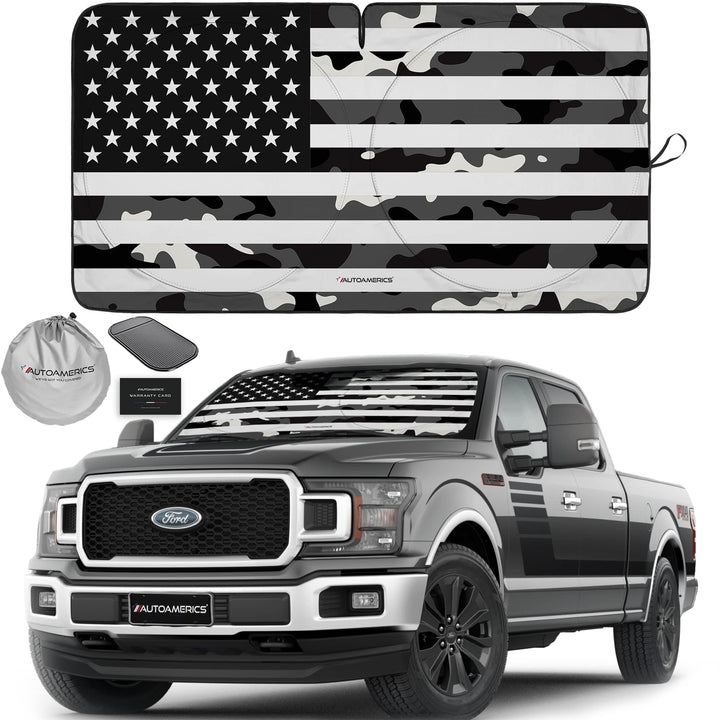 AUTOAMERICS front view showing B&W camo USA flag and full windshield coverage benefit