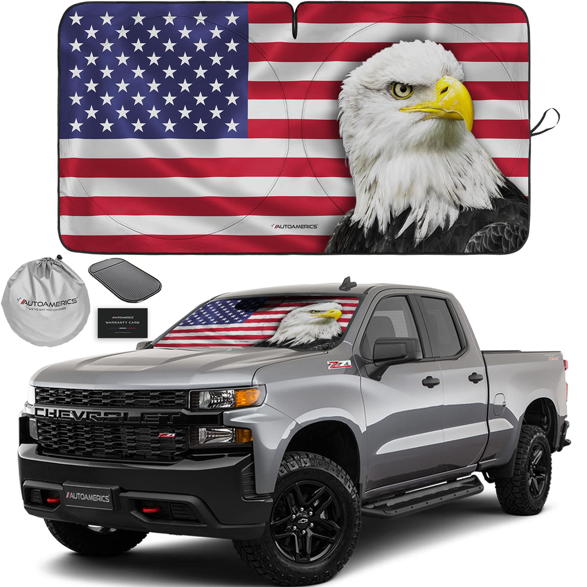 AUTOAMERICS front view showing full patriotic sunshade protecting windshield