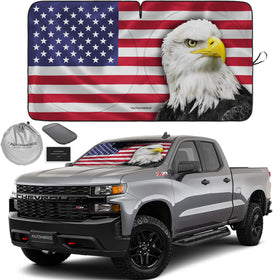 AUTOAMERICS front view showing full patriotic sunshade protecting windshield